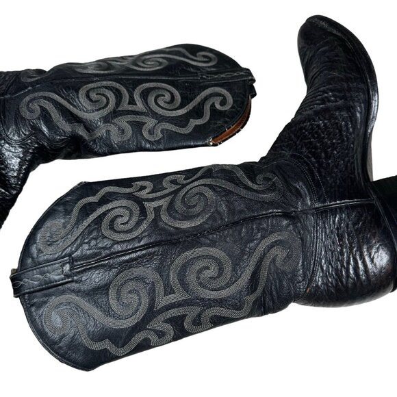 Vintage J Chisholm Western Handcrafted Black Leather Cowboy Men's Boots 8.5 D - Picture 7 of 16